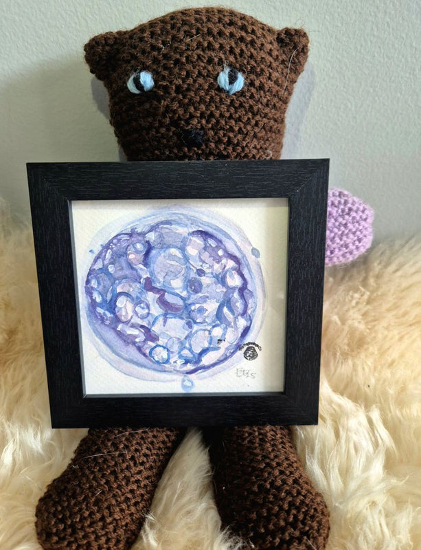 Crocheted bear with a framed watercolor painting of a blue and purple embryo blastocyst on a white background.