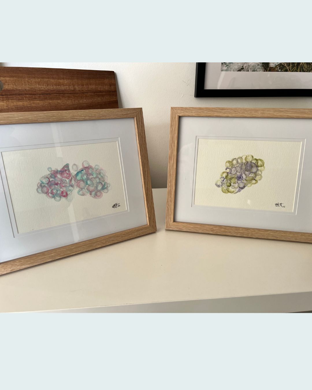watercolour embryo paintings in blue, purple and green