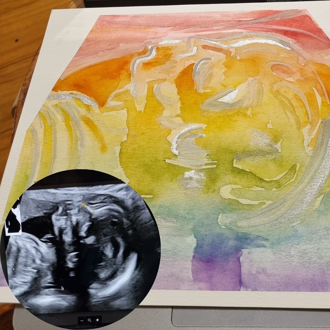 A scan beside its finished hand-painted keepsake