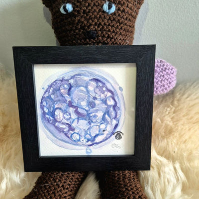 Crocheted bear with a framed watercolor painting of a blue and purple embryo blastocyst on a white background.