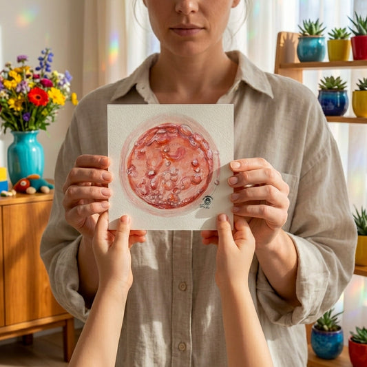 Person holding a pink watercolour embryo on it in front of their face, in a room with plants and toys.