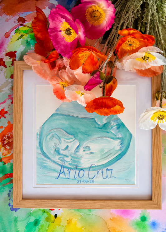 Framed artwork with a blue green ultrasound  and babies name and birthday, surrounded by colorful flowers.