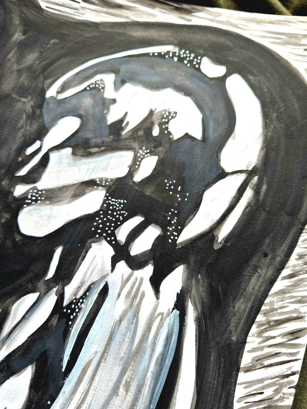 close up detail shot of black and white ultrasound watercolour painting with dots