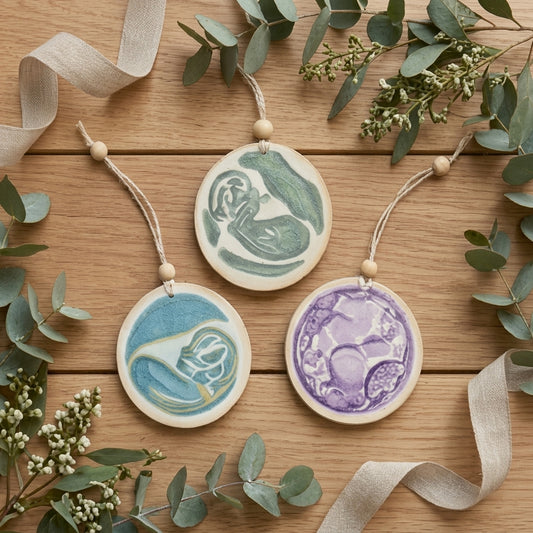 Three round ceramic Christmas ornaments with wooden beads and jute hanging strings, featuring hand-painted baby motifs in green, blue, and purple, arranged on a wooden surface with eucalyptus leaves and ribbon.