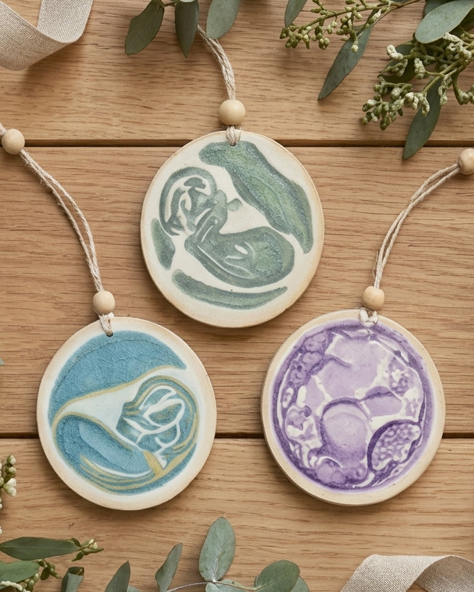 Three round wooden hanging ornaments with wooden beads and cords, decorated with painted fetal imagery in green, blue, and purple, arranged on a wooden surface with eucalyptus leaves and ribbon.