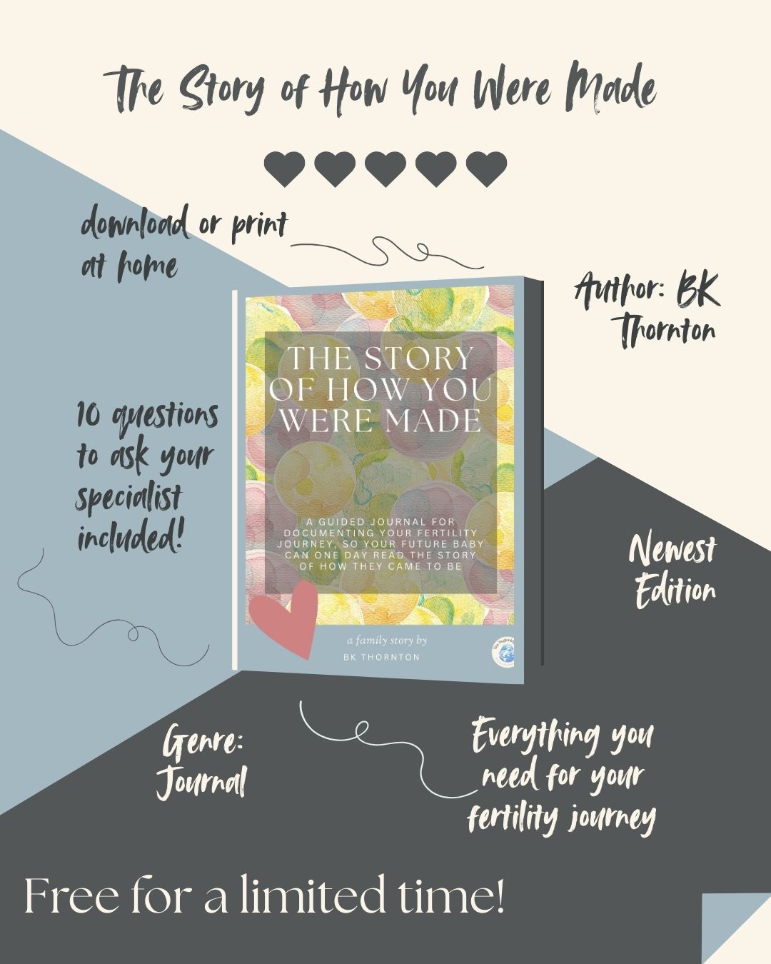 Promotional graphic for a fertility journal titled 'The Story of How You Were Made' by BK Thornton.