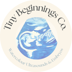 Logo of Tiny Beginnings Co. featuring an ultrasound image on a beige background