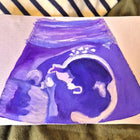 watercolour painting of a 20 week sonogram in purple and white, on a striped background