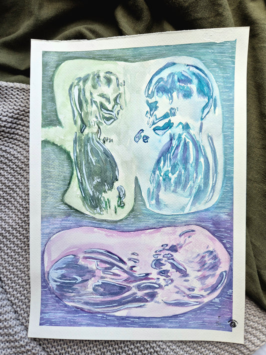 watercolour painting of triplet ultrasound sonogram blue green purple