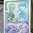 watercolour painting of triplet ultrasound sonogram blue green purple