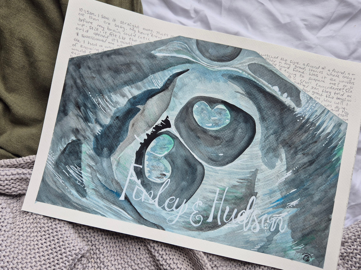 watercolour ultrasound painting of two foetuses with the names Finley and Hudson